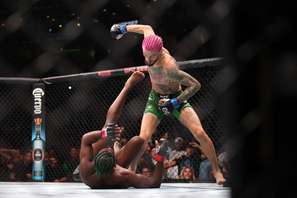 During their fight, O’Malley stands over Sterling, who is on the mat, with right fist cocked.